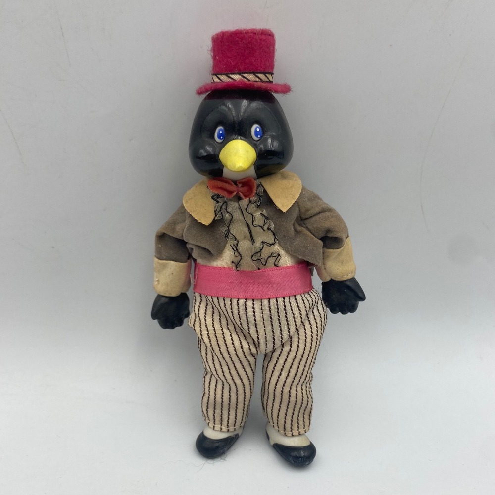 Vintage Dapper Penguin Doll Figurine Red Top Hat Striped Pants 6.5 Inch